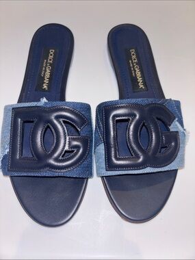 Dolce & Gabbana Blue Leather and Denim DG Logo Slide Sandals